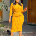 Yellow Peplum With Waist Belt Elegant Office Women Career Dresses